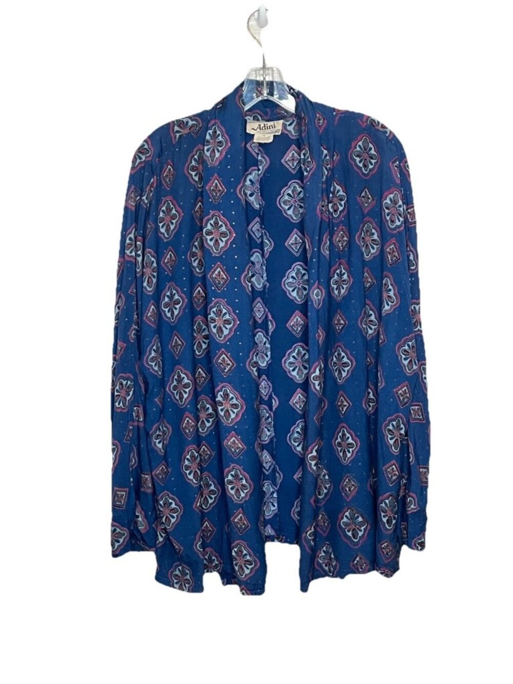 Vtg Adini Rayon open Front Jacket Sz M Blue Boho Medallion Print Duster Artsy